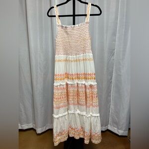 Sunday Up white smocked maxi dress with pink and orange embroidery | large